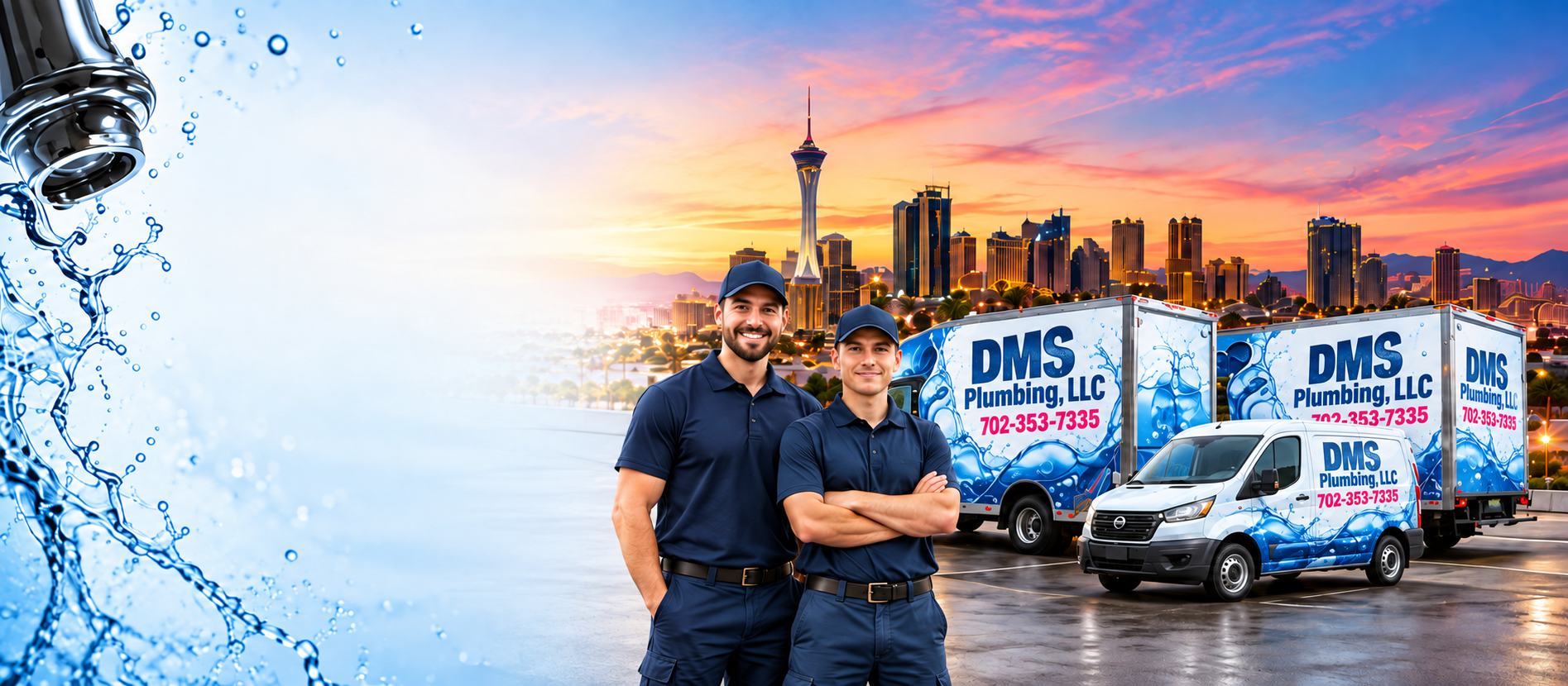 DMS Plumbing technicians and branded service trucks with the Las Vegas skyline at sunset